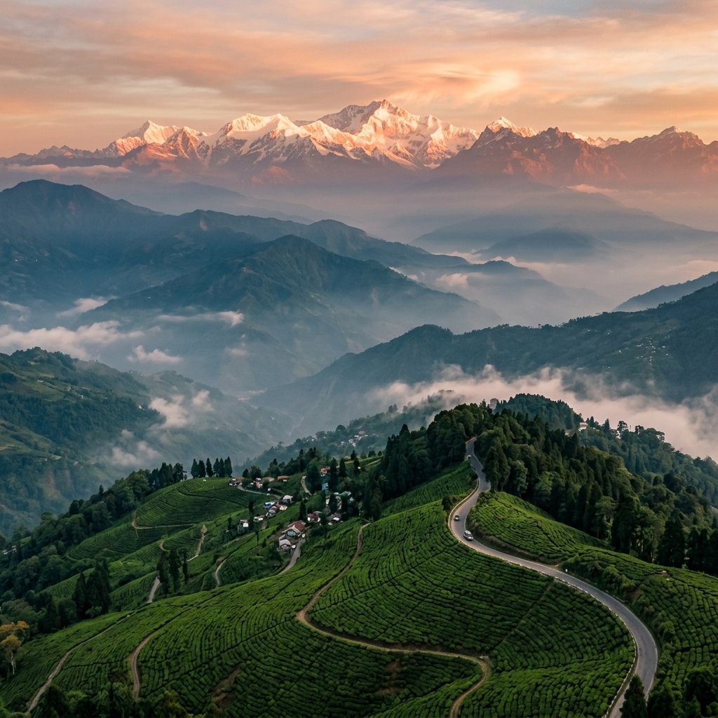 Darjeeling Himalayan landscape at golden hour with tea gardens and Kanchenjunga