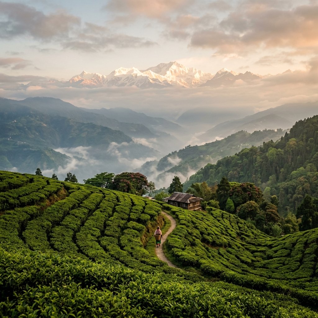 Misty Darjeeling hills at sunrise
