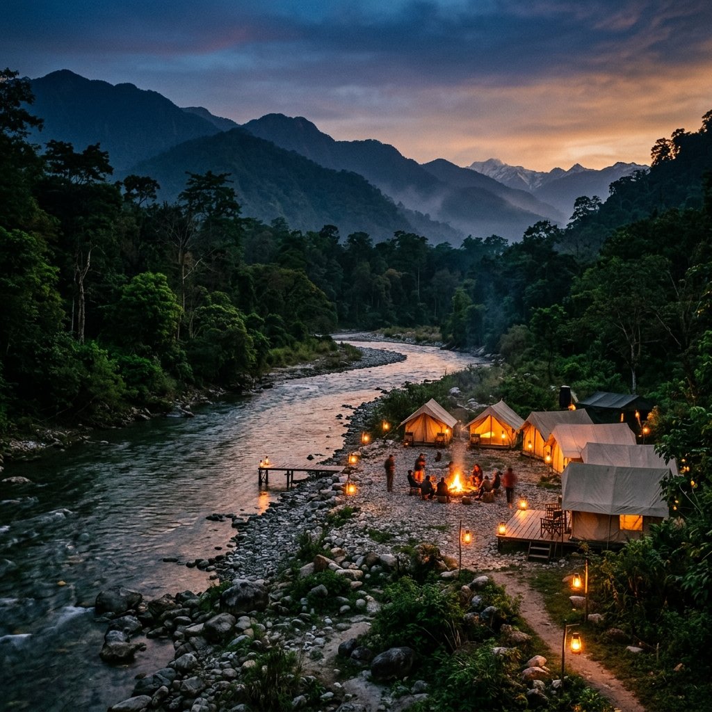 Dooars river camp at dusk