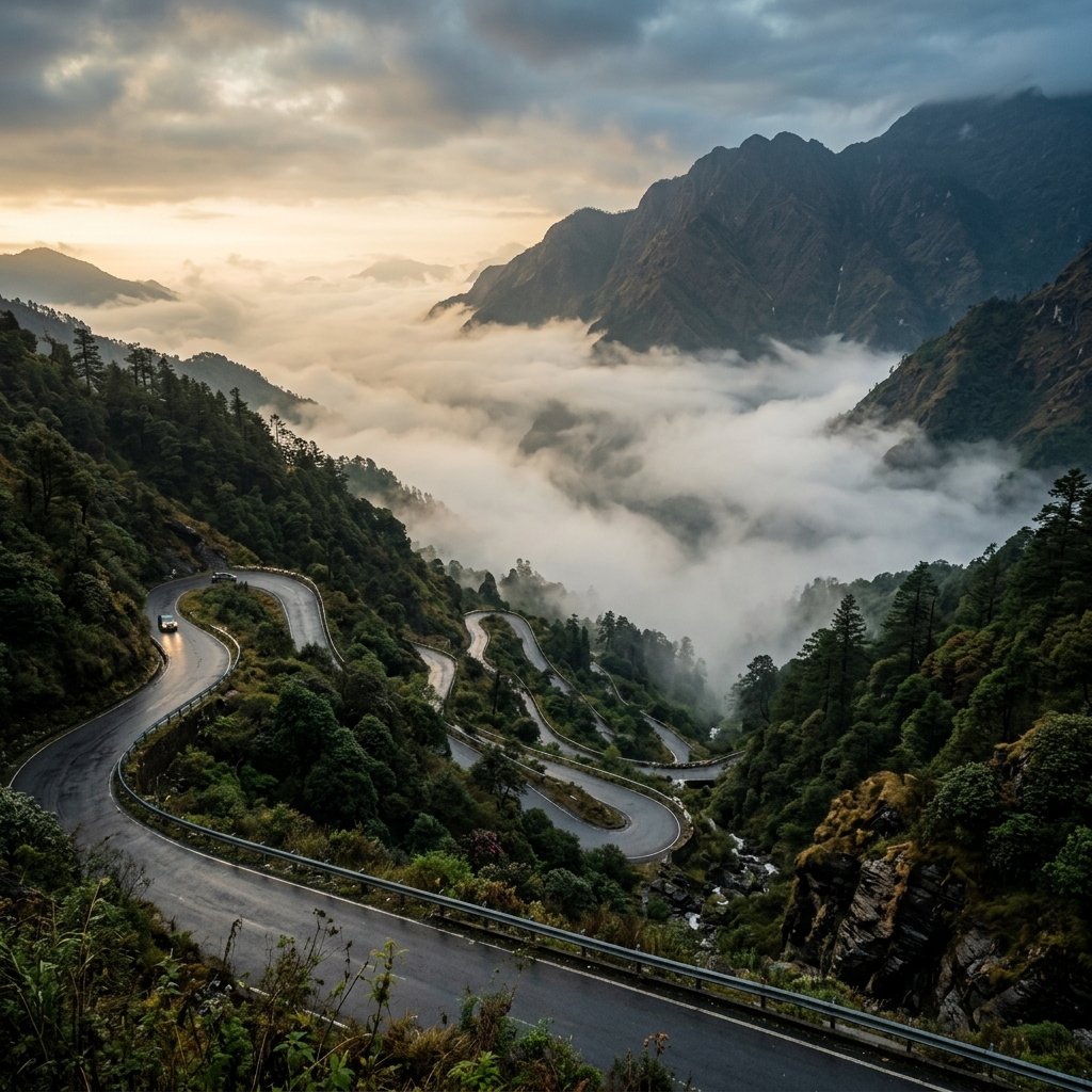 Silk Route hairpin road in East Sikkim